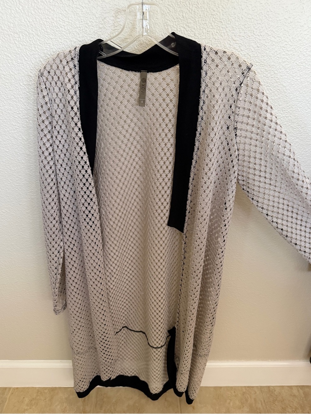 XCVI Light Gray Open-Knit cardigan with Black Trim